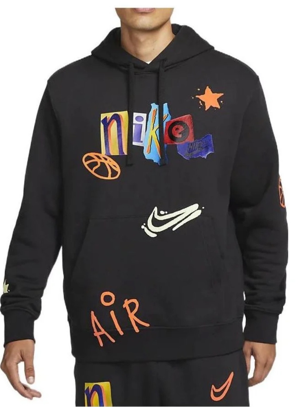 Nike Club Pullover Legacy Hoodie with Multicolor Graphic Logos Black Medium Mens
